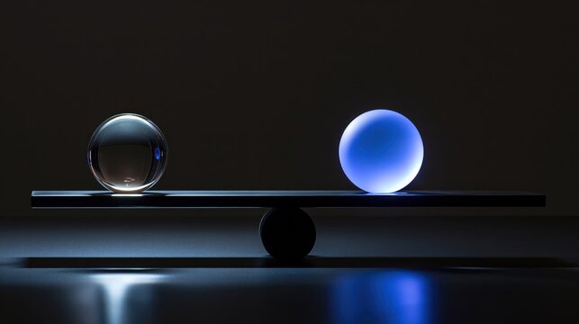 Simple balance beam holding one clear glass sphere and one softly glowing counterweight in a clean minimal composition