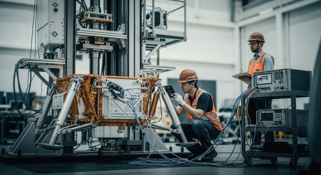 Engineers examining the stress resistance of a lunar lander leg after multiple drop tests on a specialized vertical testing tower.
