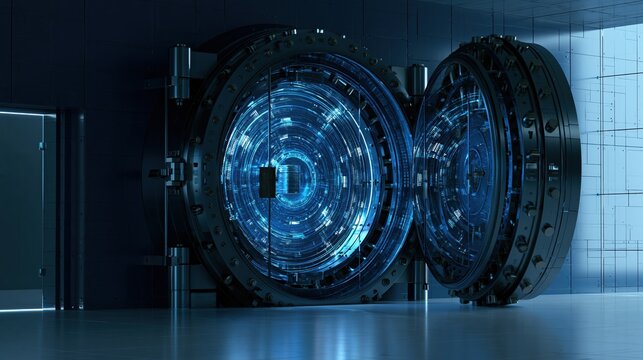 Thick circular glass vault door swinging closed over a glowing secure interior on a dark background with copy space