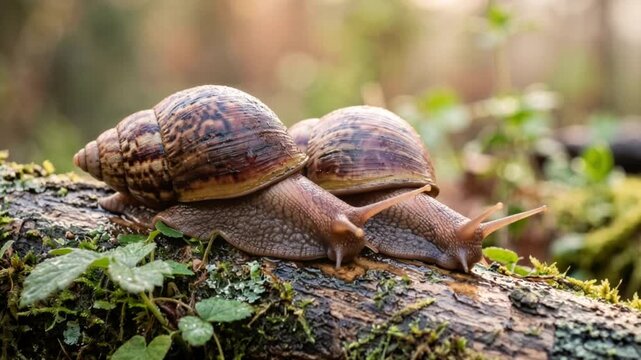 two giant african land snail close up in uganda tropical rainforest morning light video