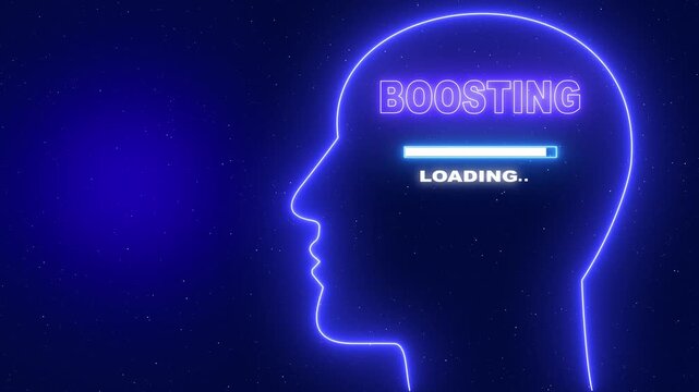 Neon blue outline of a human head profile with the word Boosting and a loading bar on a dark blue starry background