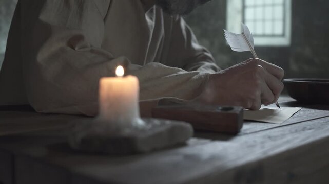 Close up of medieval prisoner hands writing text on parchment on an old wooden table inside a gloomy dungeon, with a blurred burning candle and a wooden inkwell in the foreground