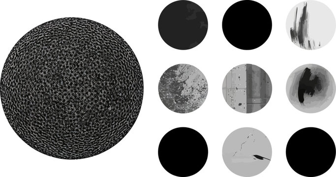 Large textured dark gray sphere surrounded by nine circular abstract grayscale textured on white