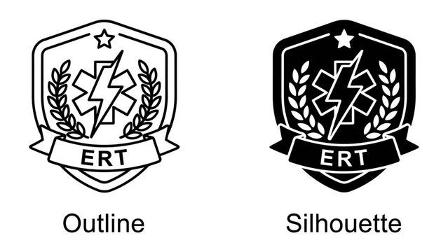Emergency Rescue Team Emblem: Two stylized emblems for an Emergency Rescue Team, one as a clean outline and the other as a solid silhouette, both featuring a lightning bolt, laurel wreath.