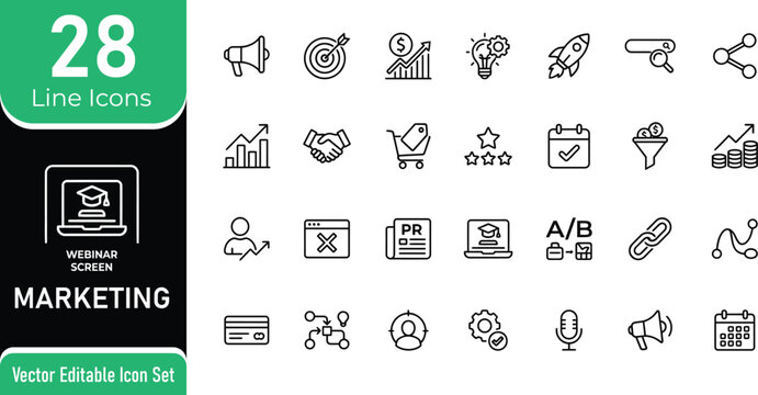 28 Marketing Strategy & Digital Business Line Icons Set Vector Editable Outline Illustration