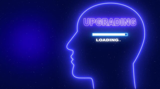 Neon blue outline of a human head profile with the word Upgrading and a loading bar on a dark blue starry background