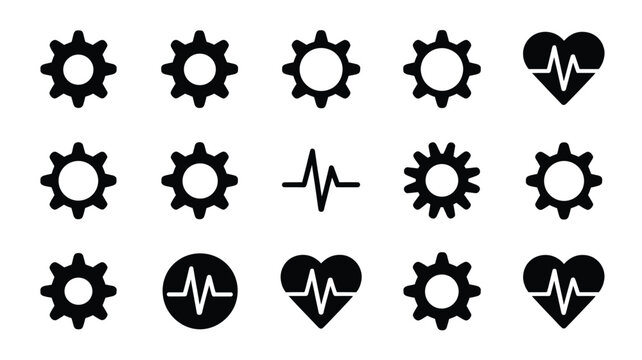 Set of 15 Black Cog and Heartbeat Line Vector Icons