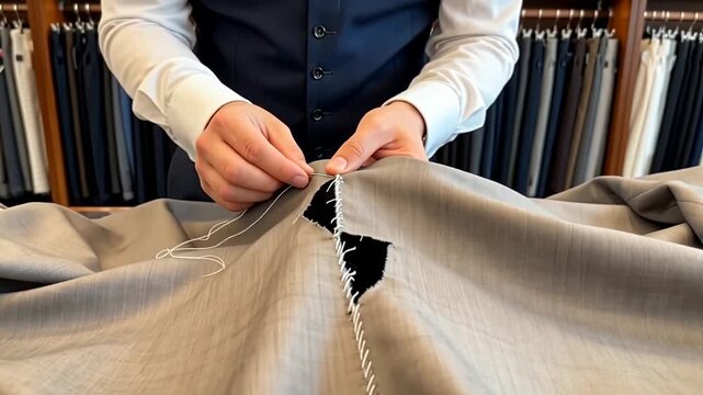 Tailor mends fabric tears with needle and thread, focusing on detailed stitch fixing in a well-organized sewing workshop with various fabrics in the background