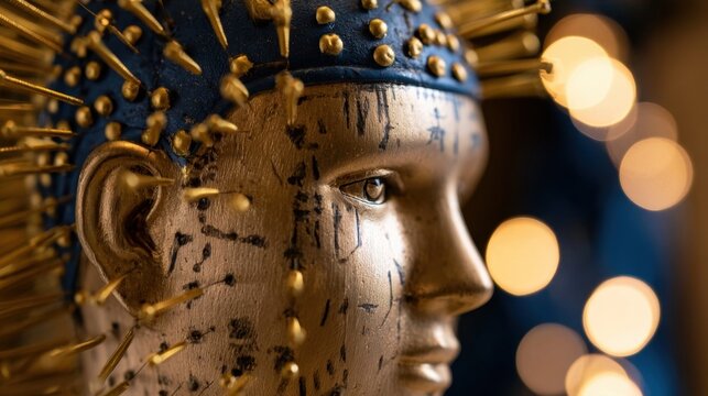 Golden acupuncture model with metallic pins and blue base showing meridian points