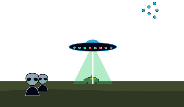 Flying saucer abducting tactical vehicle with aliens watching