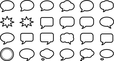 Fototapeta premium Set of Twenty-Four Black Outline Speech and Thought Bubbles and Starbursts 