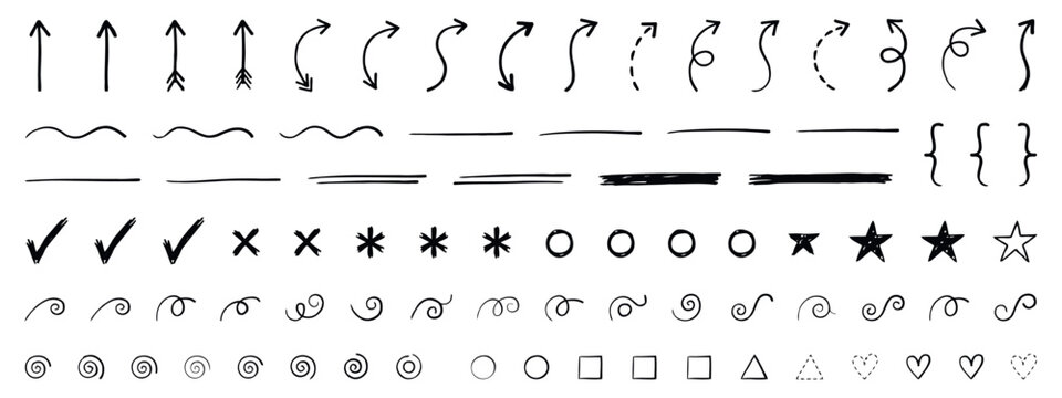 Hand drawn Scribble Set With Arrows Lines Checks And Various Shapes