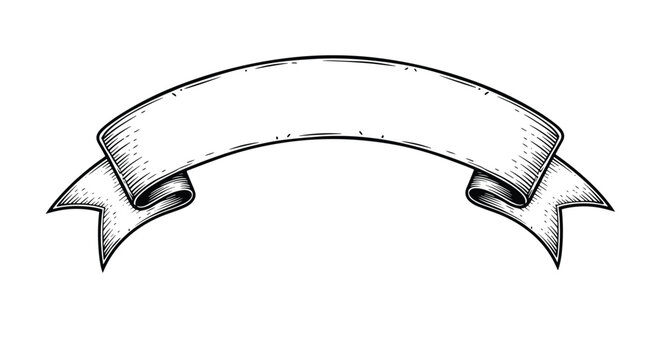 Classic curved ribbon banner with folded ends and fine hatching for texture shown as a black and white engraving style illustration.
