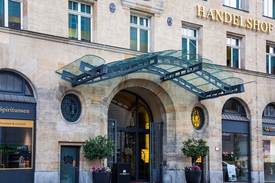 Leipzig, Germany - 22. May 2026: Handelshof hotel entrance with modern glass canopy
