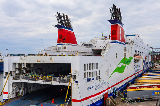 Kiel, Germany - 02. July 2026: Stena Scandinavica ferry docked in Kiel Germany loading cargo
