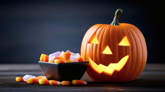 Glowing jack-o'-lantern pumpkin with bowl of candy corn on wooden table. Traditional Halloween background, spooky and festive holiday decoration.