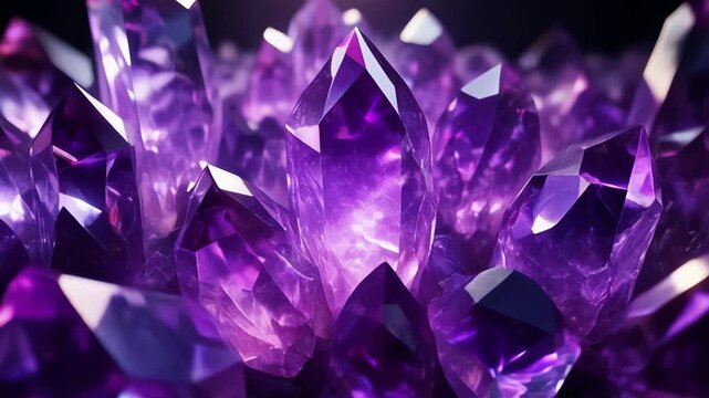 Macro close up of a cluster of sharp purple amethyst crystals or gemstones with bright reflections and glowing light on a dark background