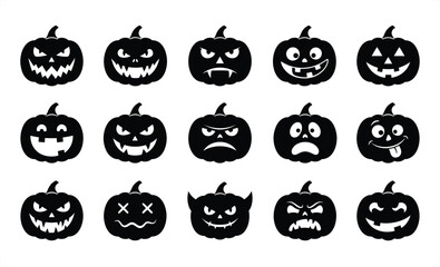 Obraz premium Collection of diverse Halloween pumpkin faces in silhouette with expressive emotions for seasonal design projects