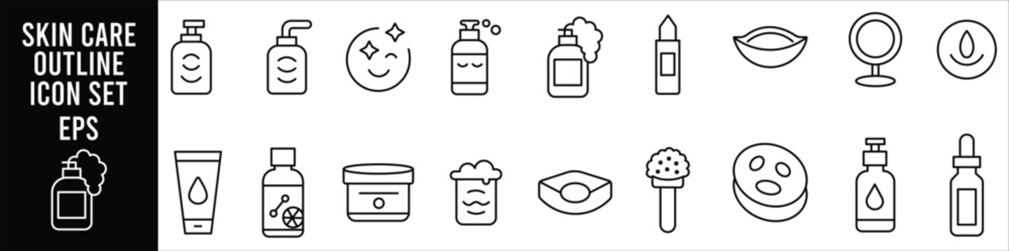 Minimal skincare outline icon set featuring cosmetic beauty facial treatment skincare products wellness spa and personal care symbols for web and application design