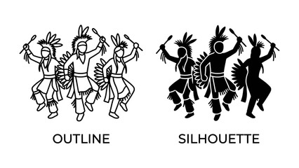 Native American Dance Duo: A striking pair of stylized dancers, one in outline and the other as a solid silhouette, embody the vibrant spirit of indigenous cultural expression. © Mohiuddin123