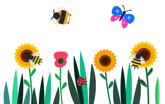 Garden scene with bees, butterfly, and ladybug on flowers