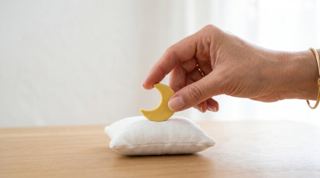 A hand places a small crescent-shaped yellow object on a white cushion on a wooden surface against a plain background.