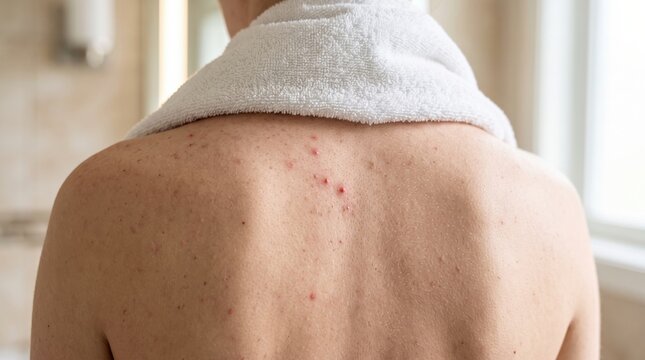 Close-up of a person's back showing acne and redness, with a white towel draped around the shoulders in a bathroom setting.
