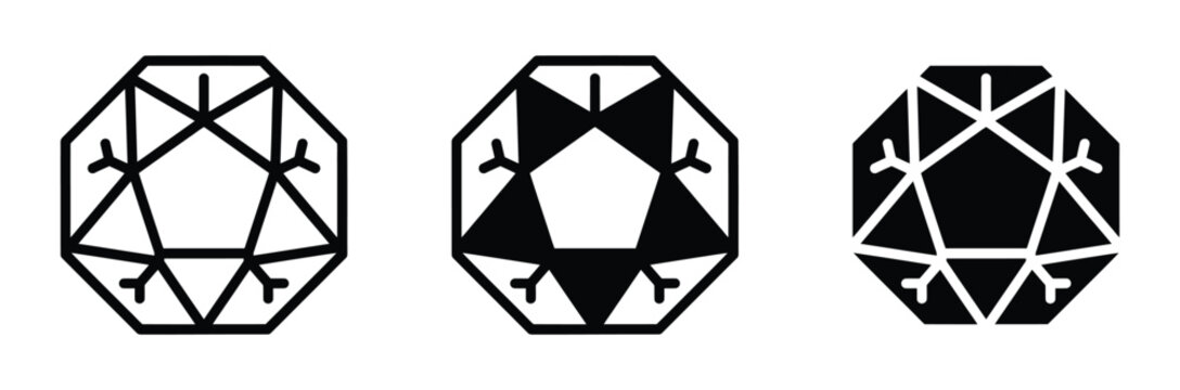 Diamond gem cut icon vector set showing gemstone crystal facet symbol for luxury jewelry valuation brilliance product quality element isolated on white background