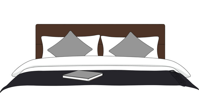 Modern double bed with white linens and gray decorative pillows featuring a book placed on a dark blue runner for comfort.