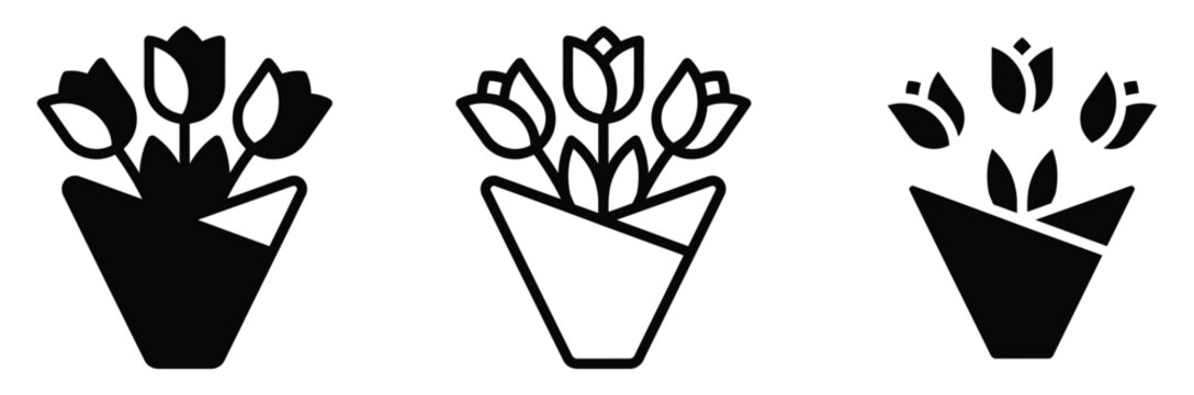 Tulip flower bouquet icon vector set. Floral arrangement, blooming spring flowers, and decorative plant symbol. Vector Illustration.