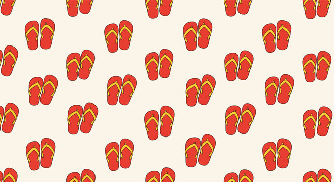 Cheerful seamless pattern featuring pairs of red flip flop sandals with yellow straps on a light cream background for summer.