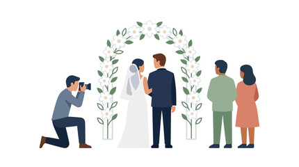 Fototapeta premium Sleek Wedding Bride and Groom Under Floral Arch with Photographer and Guests in Elegant Attire with high quality professional line art symbols for modern creative design and digital branding projects