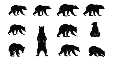 Fototapeta premium Set of black bear silhouettes in various poses and actions