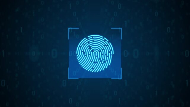 Futuristic biometric fingerprint scanner animation with glowing blue digital interface and binary code background for cybersecurity, data protection, identity verification and privacy concept