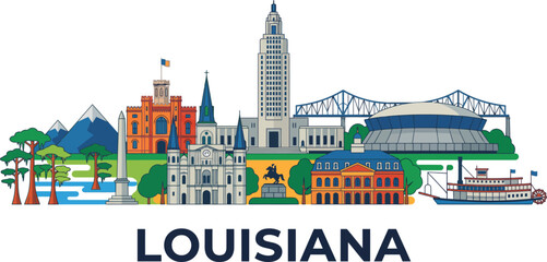 Obraz premium Colorful artistic skyline illustration of louisiana featuring iconic landmarks and famous architectural structures on white background