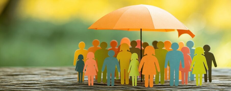 Group of colorful paper figures standing together under a large orange umbrella