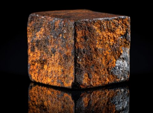 Heavily rusted metallic cube with textured orange and brown corrosion on dark reflective surface