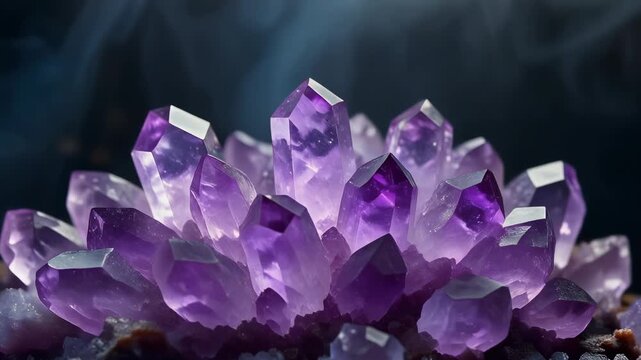 Macro close up of sharp purple amethyst crystals or gemstones with white smoke or fog drifting over them against a dark black background