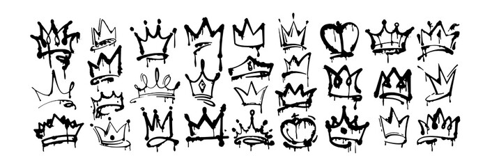 Fototapeta premium Graffiti Crown Doodle Collection – Hand Drawn Street Art Royal Crown Sketch Vector Set with Dripping Paint Style on Transparent Background