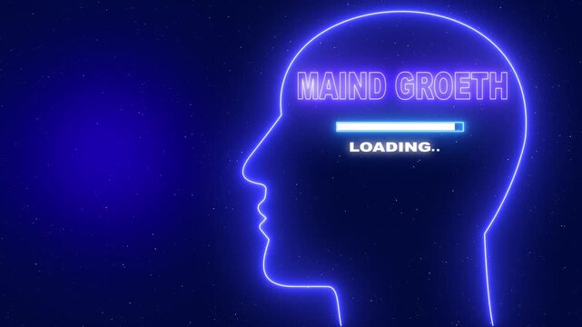 Neon blue outline of a human head profile with the word Mind Groth and a loading bar on a dark blue starry background