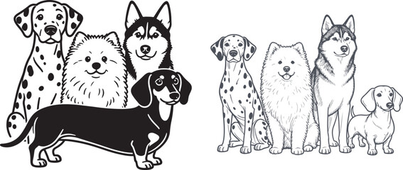 Obraz premium Black and white vector illustration of various dog breeds including dalmatian husky and dachshund