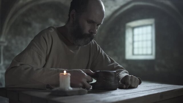 Mature medieval man taking a sip of water from a clay mug and putting it down, while sitting at a rustic wooden table next to a solitary burning candle, inside a gloomy stone cell