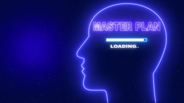 Neon blue outline of a human head profile with the word Master Plan and a loading bar on a dark blue starry background