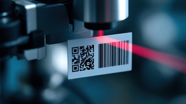 Industrial barcode scanner reading qr code and linear barcode with red laser beam