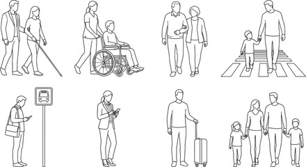 Naklejka premium People Line Art Vector Collection Featuring Everyday Activities Accessibility Travel Family and Urban Lifestyle Illustrations
