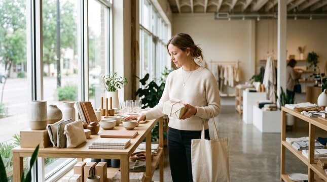 Woman selecting a gift in a minimalist boutique with natural light