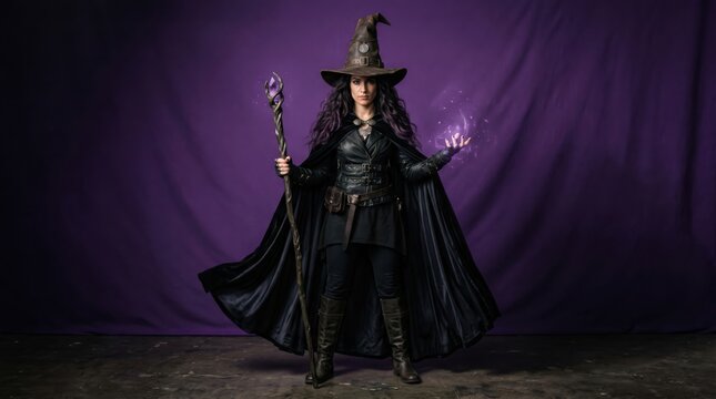 Mystical Witch Casting Purple Magic with Wooden Staff and Pointed Hat
