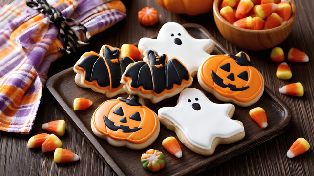Assorted Halloween cookies shaped like pumpkins, ghosts, and bats on a wooden tray, with candy corn and a festive napkin, perfect for a holiday party.
