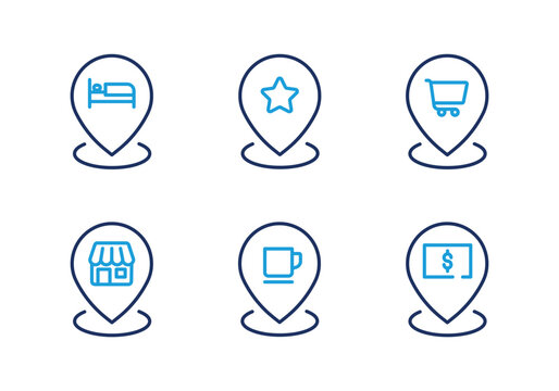 Facility and Public Place Pin Location thin line icon set. Minimal web icons