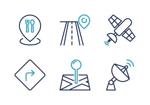 Satellite, Road, and Direction Marker thin line icon set. Minimal web icons